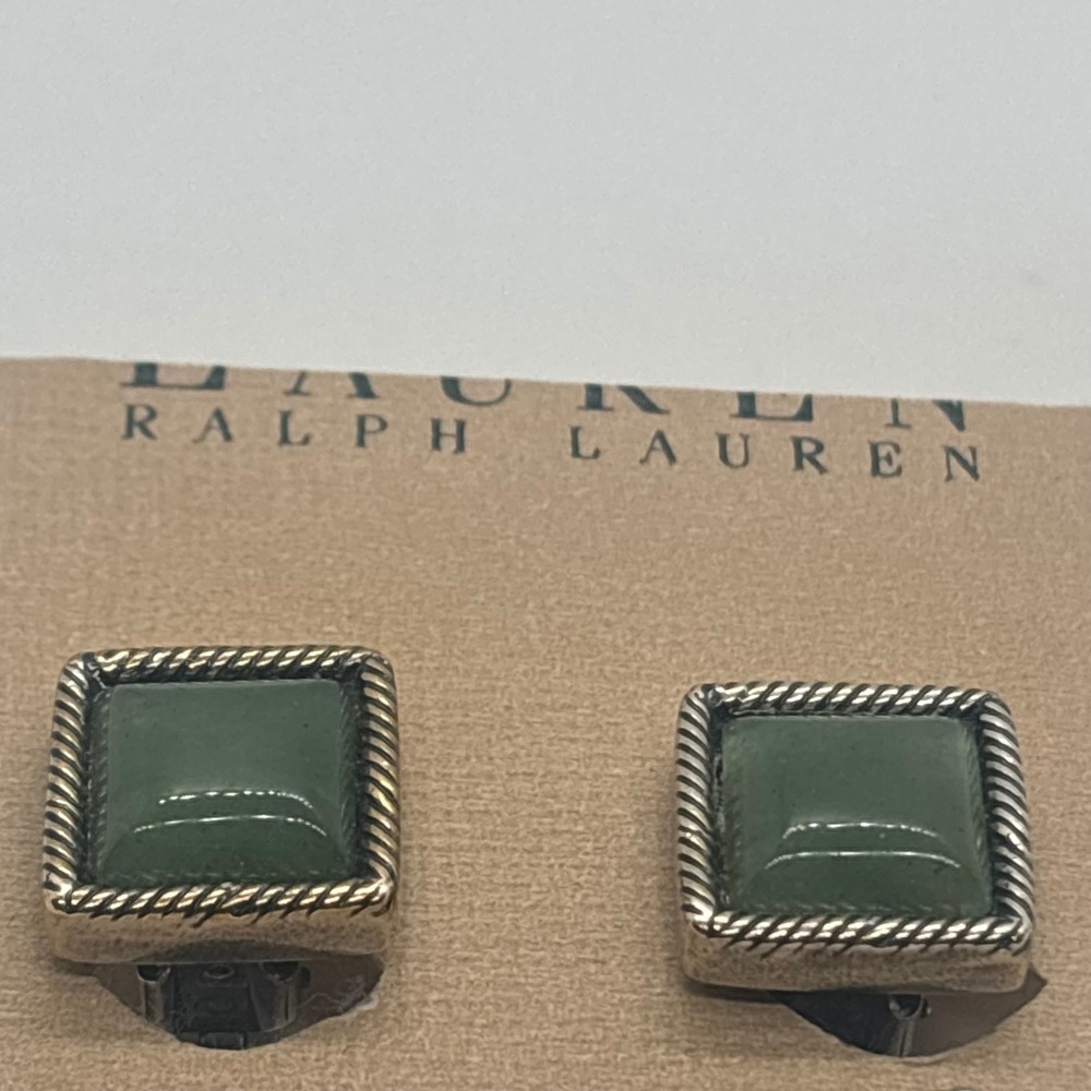 Lauren Ralph Lauren Green Square Cabochon Rope Border Silver Tone Clip Earrings